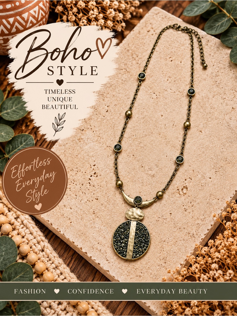 782 Lane Bryant Antique Gold and Black Boho Pendant Necklace